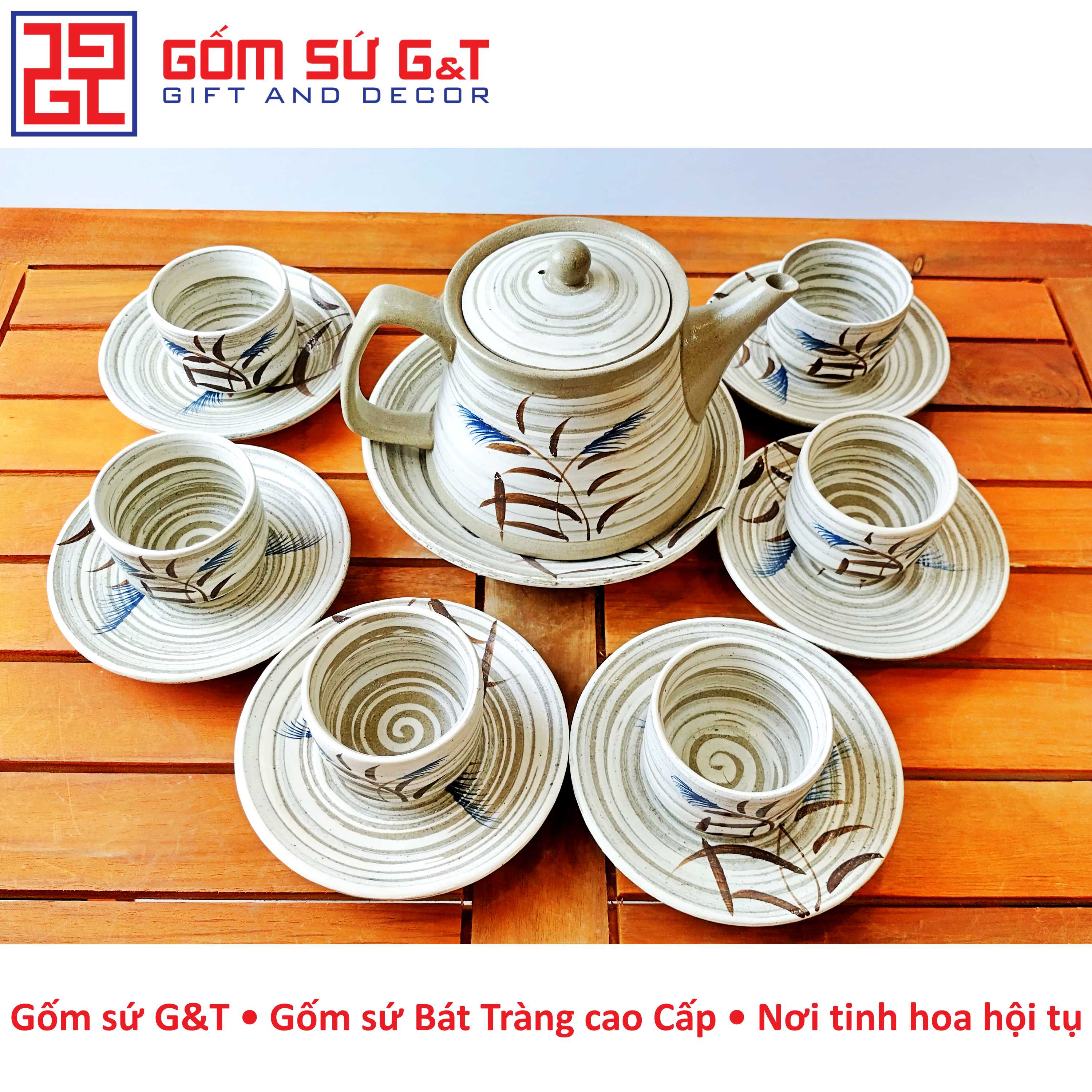Bộ trà hồng sa cỏ xước trắng Gốm Sứ G&T