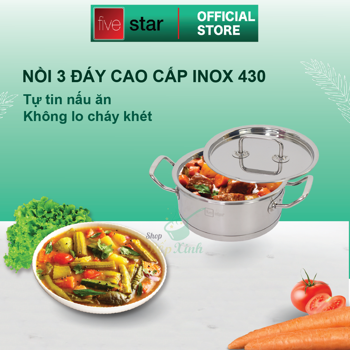 Bộ nồi quánh 3 đáy inox 430 Fivestar Standard bếp từ nắp inox , tặng 5 muỗng