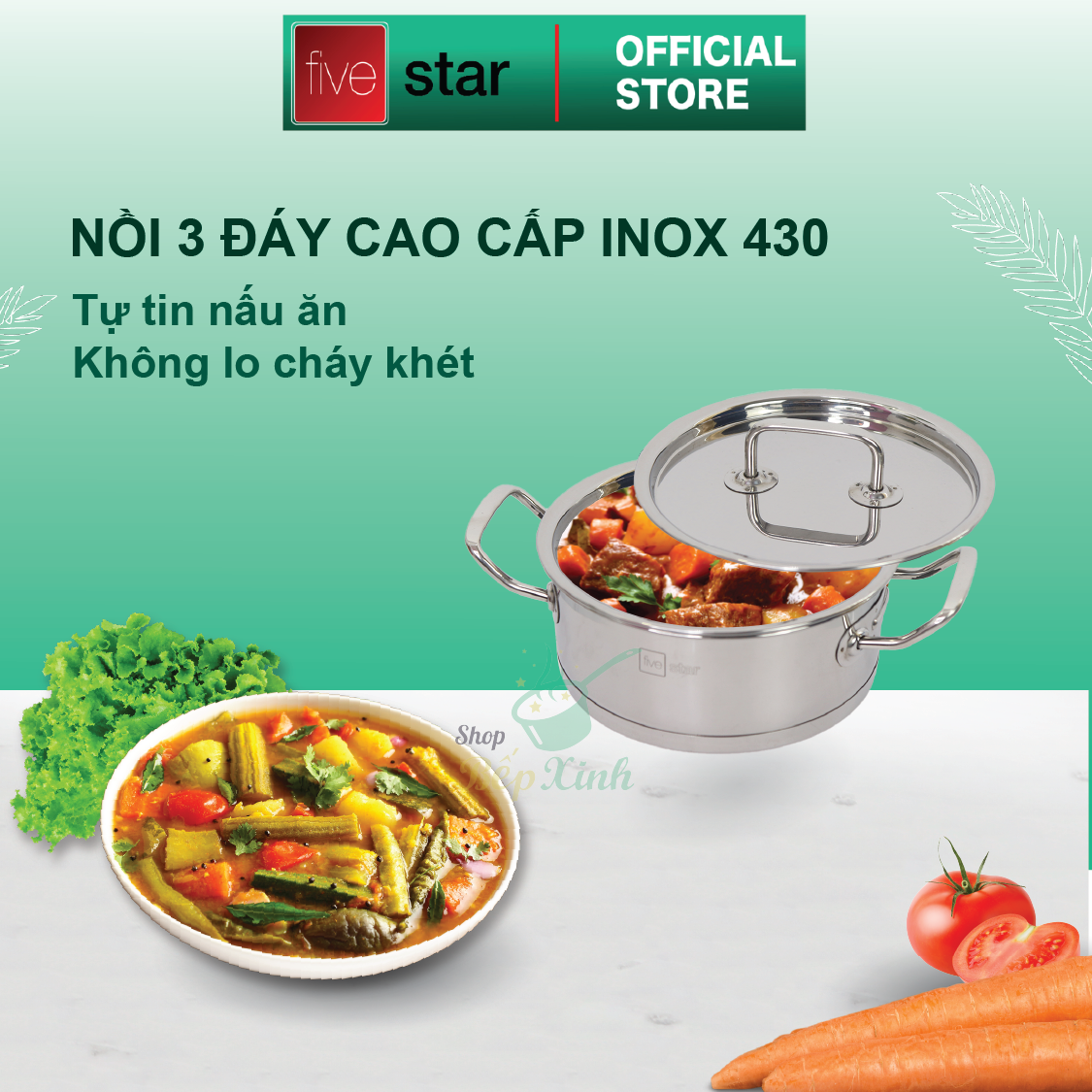 Bộ nồi quánh 3 đáy inox 430 Fivestar Standard bếp từ nắp inox (1 quánh 16cm x 1 nồi 18cm x 1 nồi 20cm ) , tặng 5 muỗng