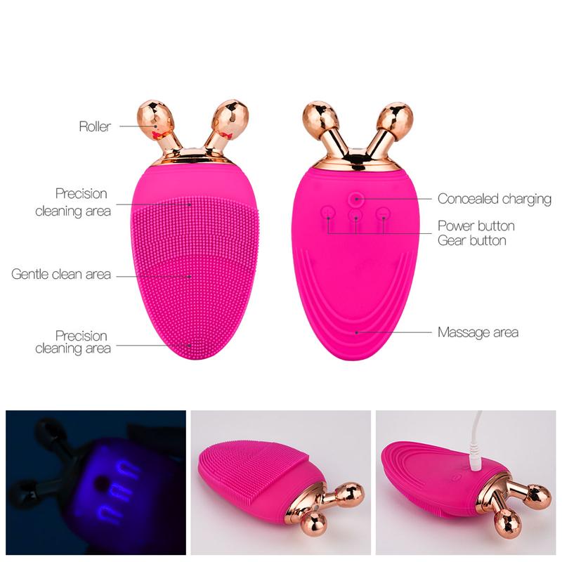 Điện Làm Sạch Da Mặt Bàn Chải Con Lăn Massage Sạc Ốp Sonic Lỗ Chân Lông Sữa Rửa Mặt Da V Chăm Sóc Mặt Nâng Chống Nhăn