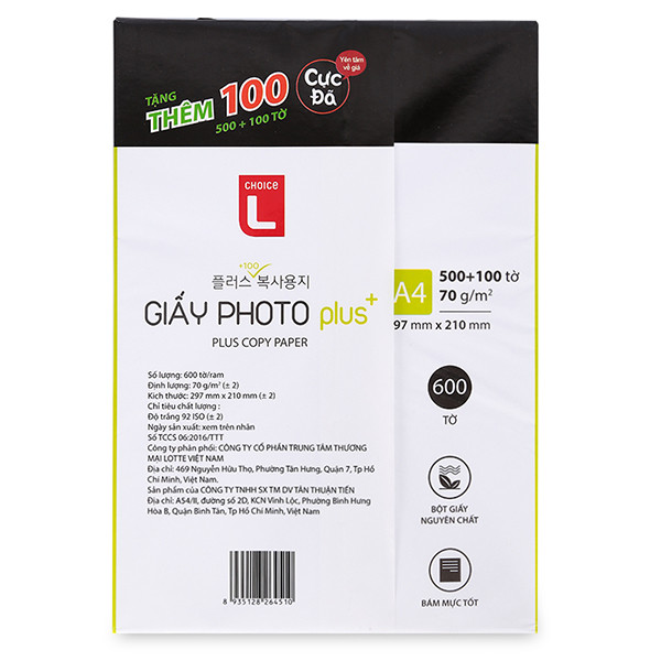 Giấy Photo Plus A4 Choice L (CL) (70g) (600 Tờ)