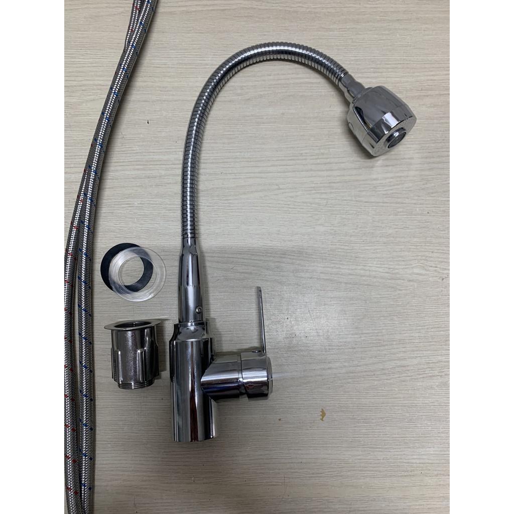 Vòi Rửa Chén Bát Nóng Lạnh Gắn Chậu Cần Mềm Inox Bóng