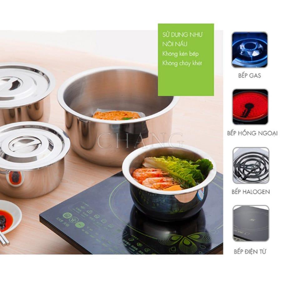Bộ 5 Nồi Inox Không Quai Cao Cấp Dùng Cho Mọi Loại Bếp Đầy Đủ Kích Thước