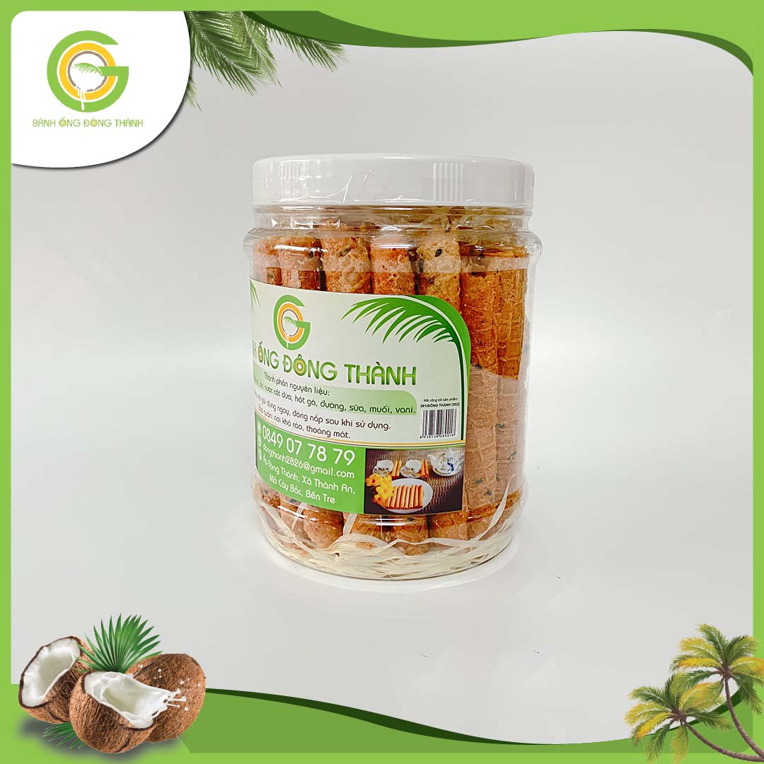 Bánh ống Đông Thành thơm ngon - Bánh ống xứ dừa dạng hộp - Đặc sản Bến Tre hộp bánh ống dừa