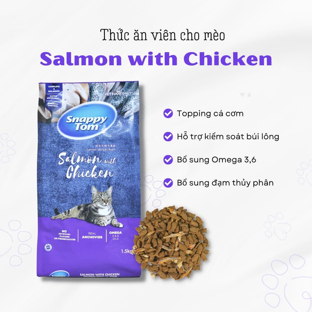 Thức Ăn Hạt Cho Mèo Snappy Tom Loại Mới Có Topping Cá Cơm 1.5kg