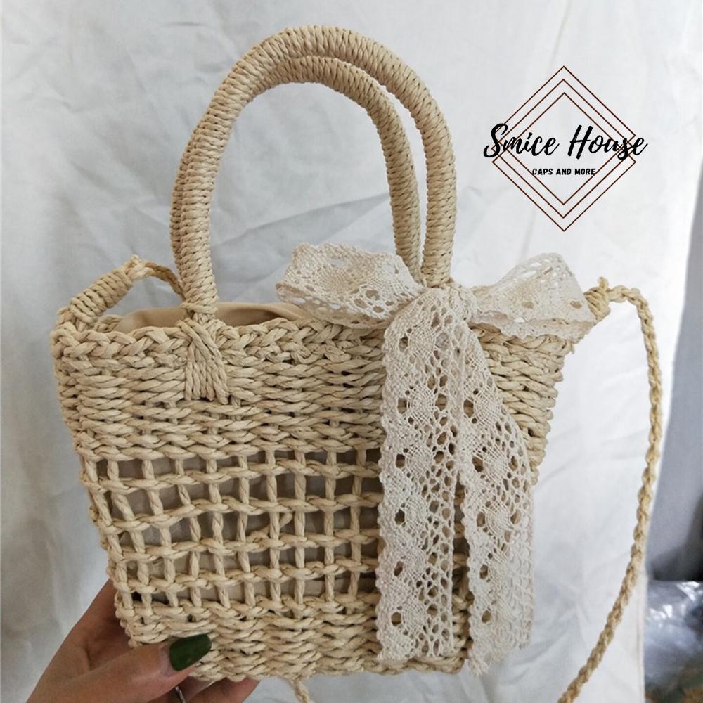 Túi cói đan mini đeo chéo siêu xinh đính nơ ren dùng đi biển chụp hình ngoại cảnh phong cách vintage- Smice House