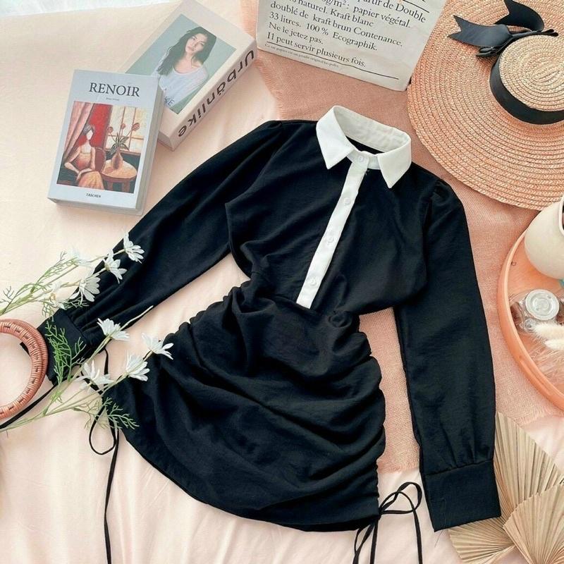 Đầm đen body cổ trắng rút hai bên