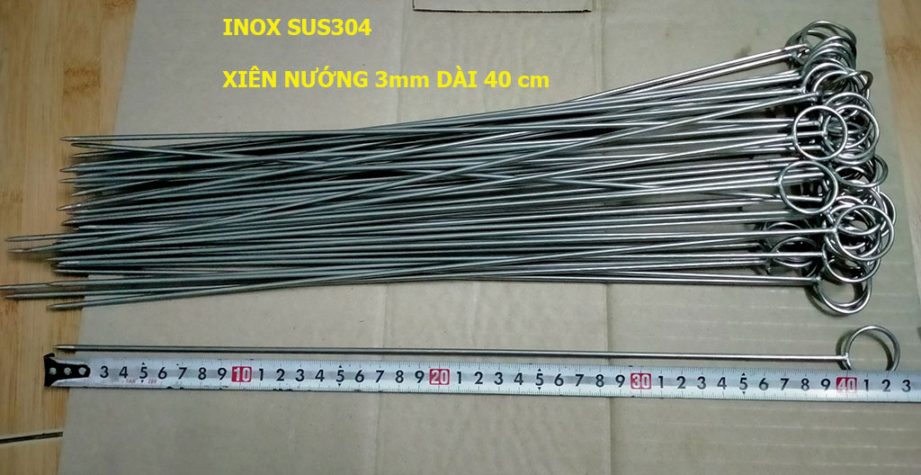 [Combo 20 Que xiên] nướng cá, tôm, nướng thịt bằng inox sus304 đường kính 3mm dài 40cm có móc tròn, trọn đời không sét