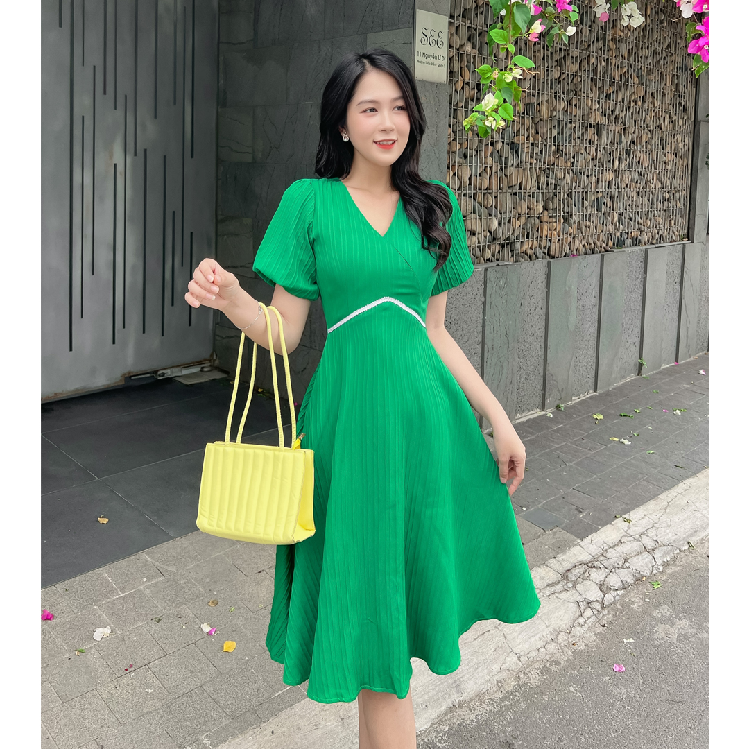 [HCM] Đầm xòe cổ đắp chéo phối kim tuyến eo D073 - Lady Fashion - Khánh Linh Style
