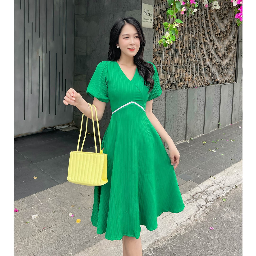 Đầm xòe cổ đắp chéo phối kim tuyến eo D073 - Lady Fashion - Khánh Linh Style