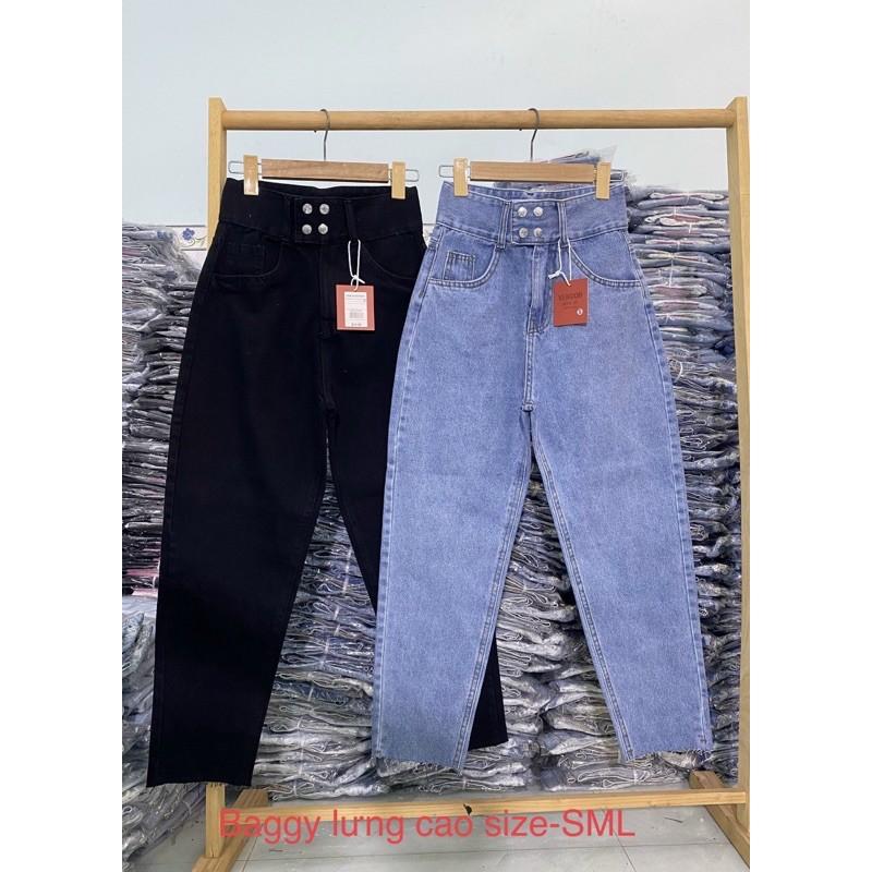 Quần baggy jeans trơn lưng cao nút bấm- ảnh thật shop chụp
