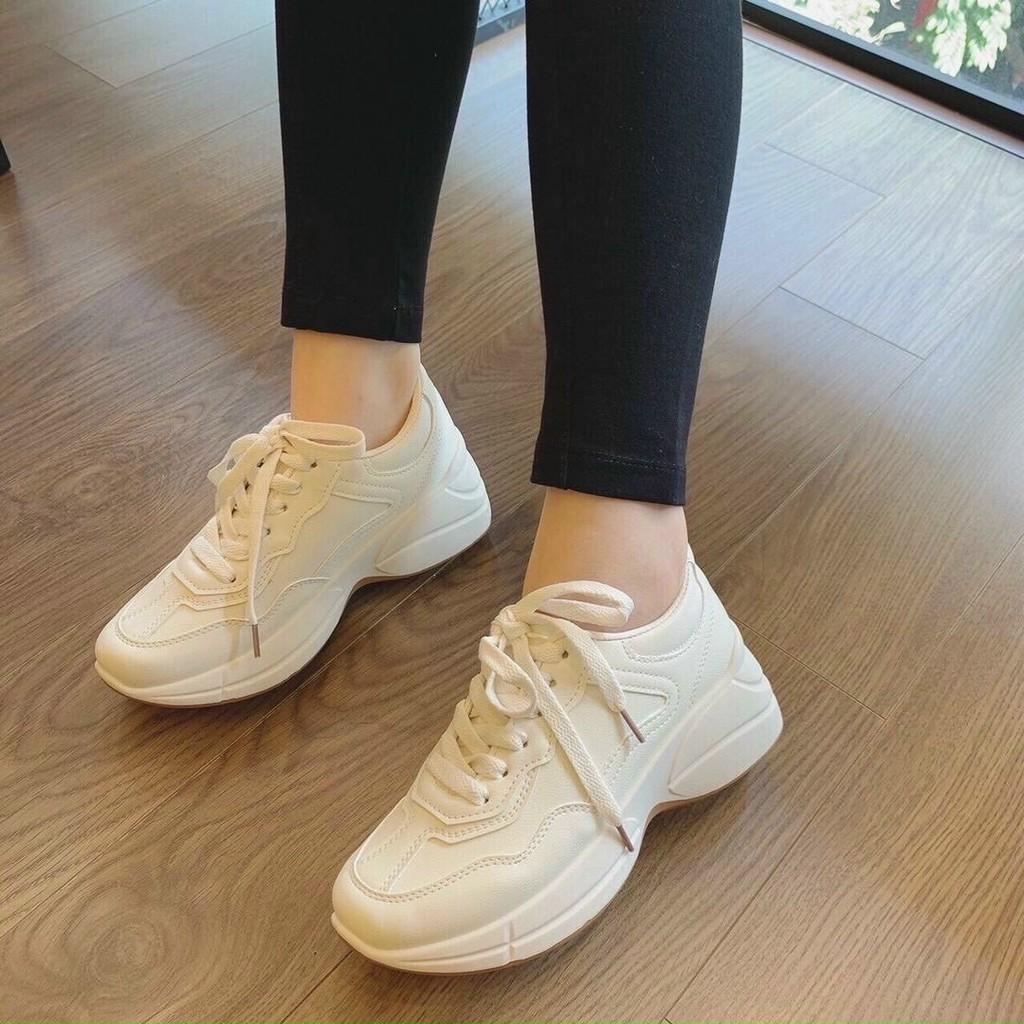 Giày sneakers nữ, giầy thể thao nữ độn đế 5p màu trắng kem dáng gọn chân hot trend