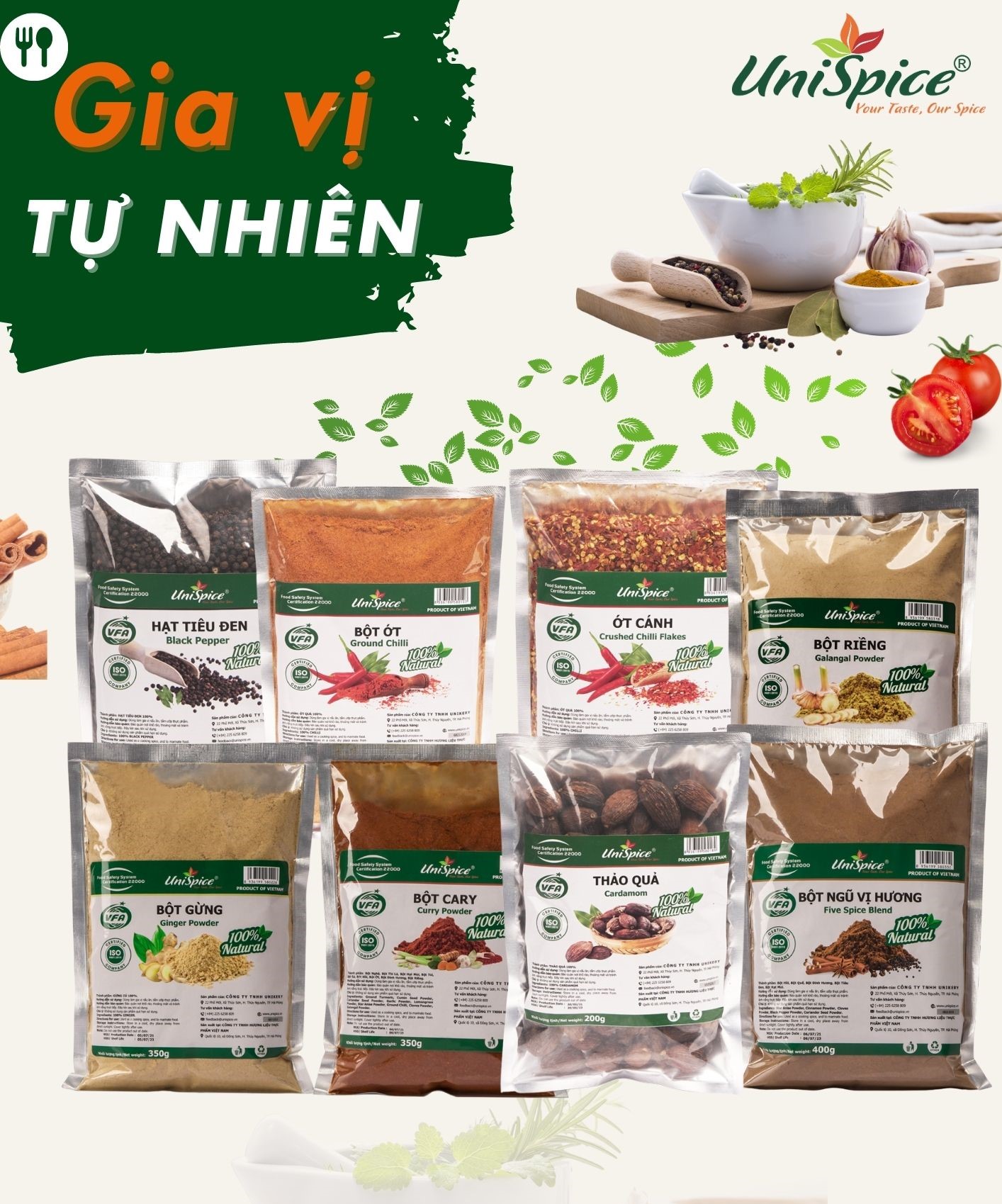 Gia vị Tự nhiên Unispice Phân loại túi lớn ( bột ớt, riềng, gừng, sả...)