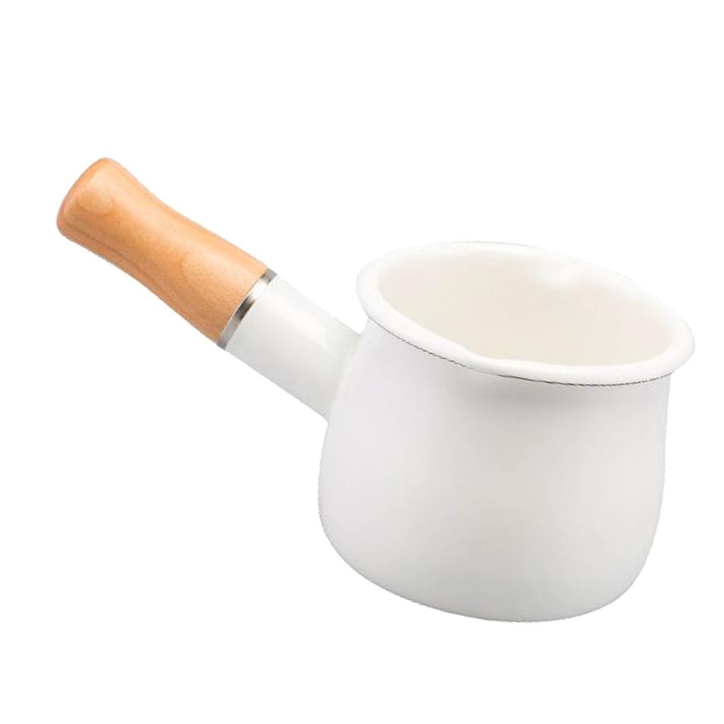 550ml Small Enamel Milk Cooking Sauce Pan Pot Wooden Handle Cookware White