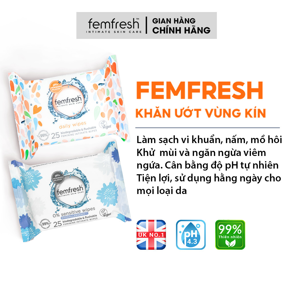 Khăn Uớt Vệ Sinh Phụ Nữ Cao Cấp Femfresh Anh Quốc - 25 tờ/gói