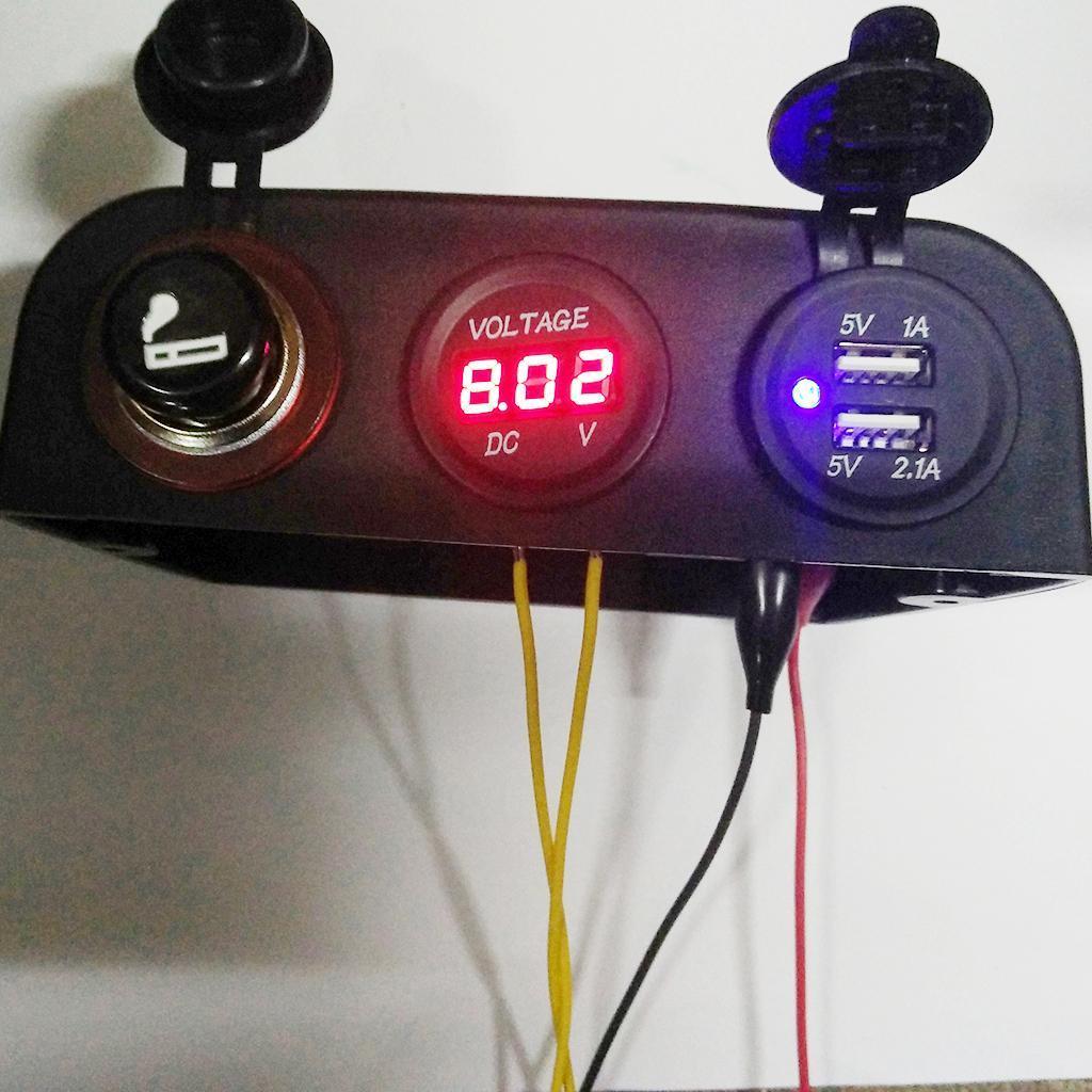 Dual USB Car Charger Socket + Cigarette Lighter + Red LED Digital Voltmeter