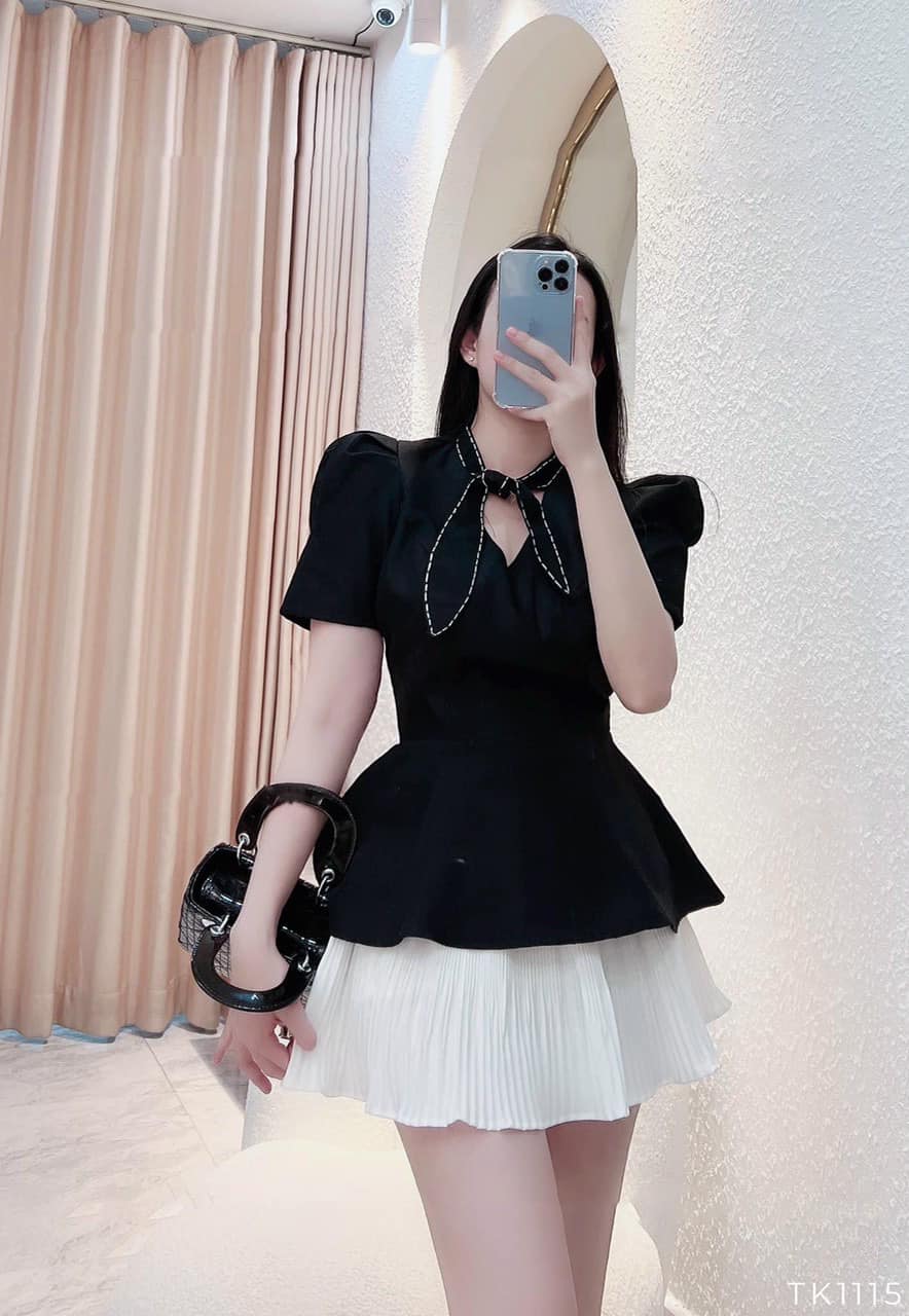 Áo peplum chỉ nổi cột nơ cổ điệu đà, sang trọng