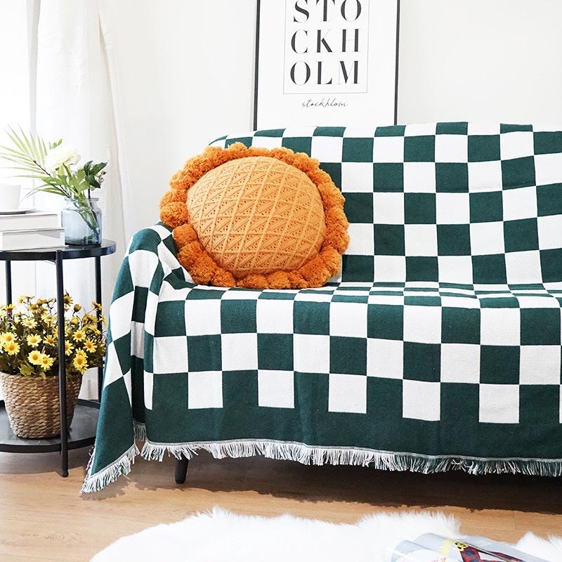 Khăn Thảm Phủ Sofa Caro Xanh Trắng chống bụi bẩn, Mền đắp thư giãn, Thảm Sofa Phòng Khách