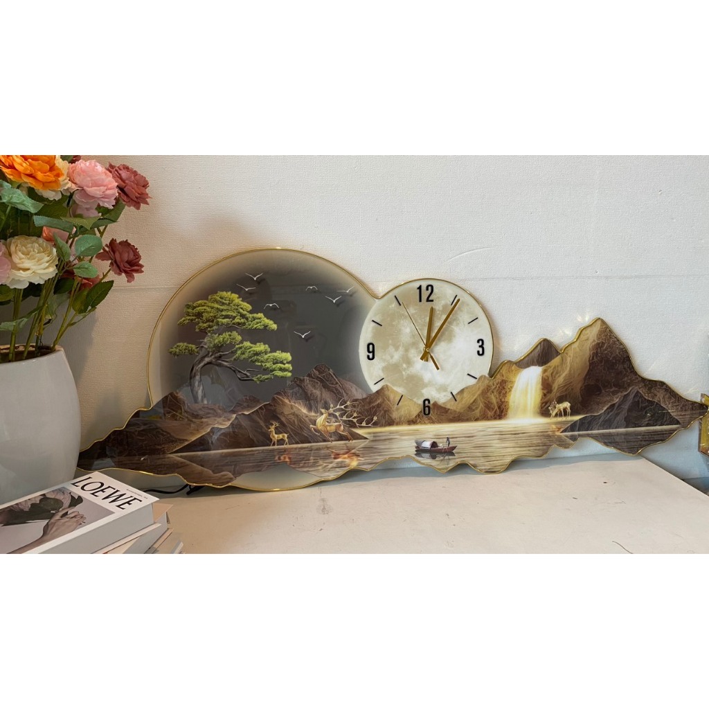 (ẢNH THẬT)Tranh đồng hồ đèn led tráng gương in uv cao cấp mặt mica bóng núi non hùng vĩ 4