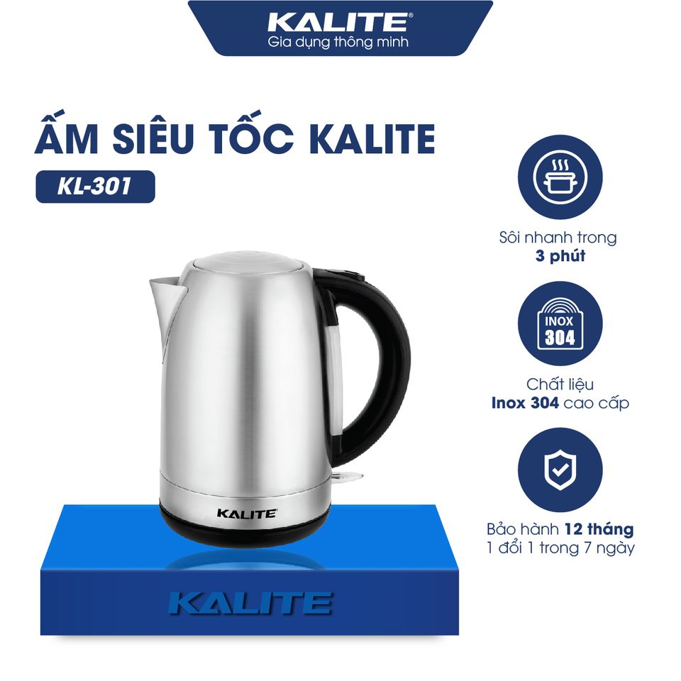 Ấm đun nước siêu tốc Kalite KL 301, dung tích 1.7L, công suất 1850W, 3 chế độ tự ngắt điện an toàn, hàng chính hãng