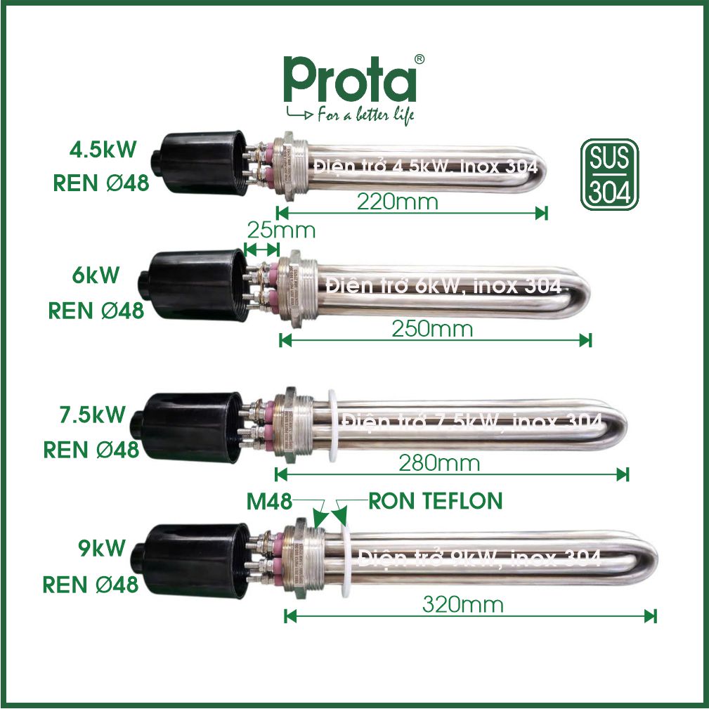 [CHÍNH HÃNG] Thanh điện trở inox 304 Prota – dây cromniken bền bỉ – phù hợp nồi hơi, máy xông, bình nóng