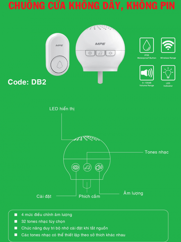 CHUÔNG CỬA THÔNG MINH KHÔNG DÂY KHÔNG PIN MPE DB2 CAO CẤP