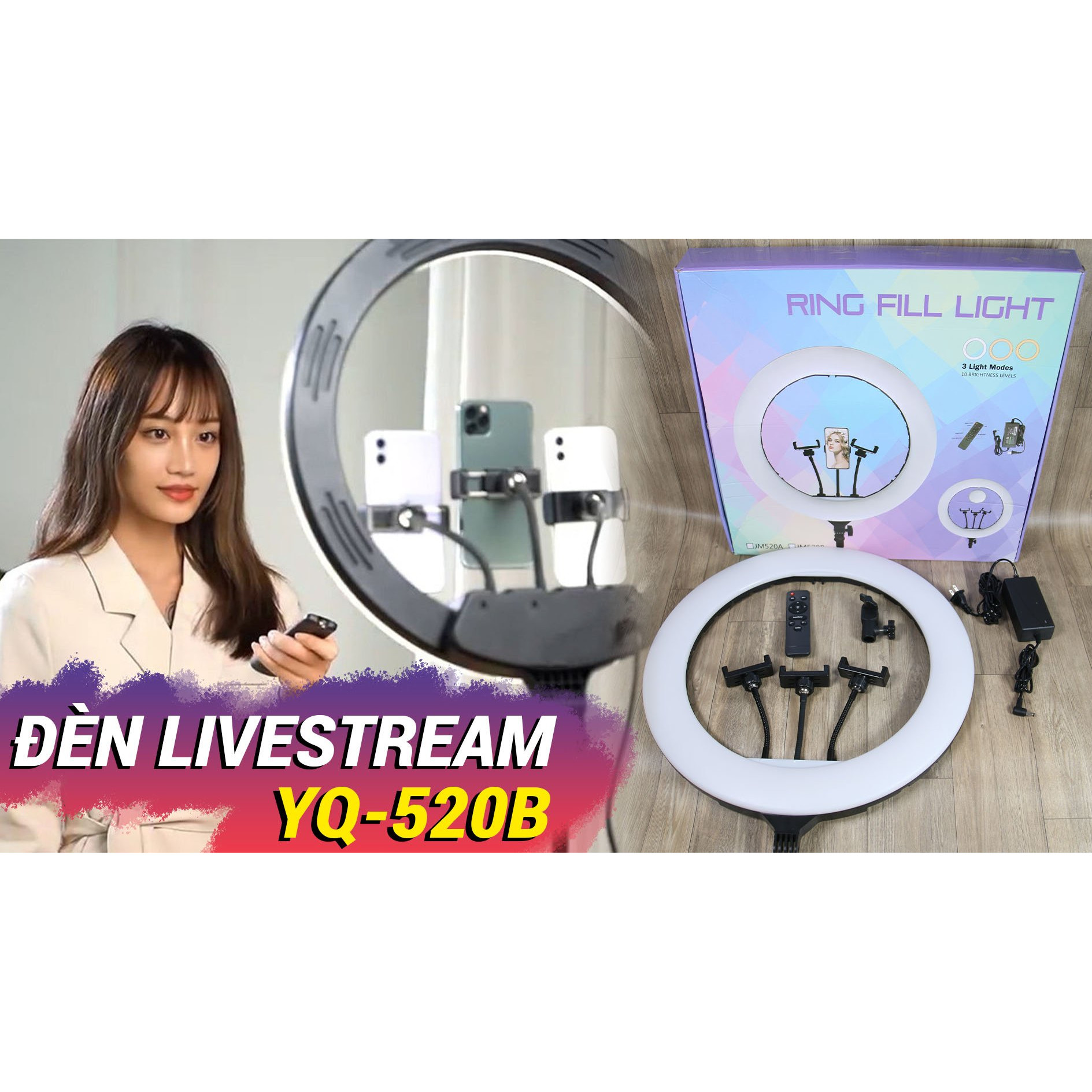 Đèn livestream 54cm YQ 520B - đèn livestream 3 kẹp điện thoại, chân cao 2.1m, 3 chế độ sáng, có REMOTE - Đèn livestream chuyên nghiệp, Đèn Led Trợ Sáng, Chiếu Sáng Studio, Makeup, Quay Phim, Chụp Ảnh, Livetream, Selfie