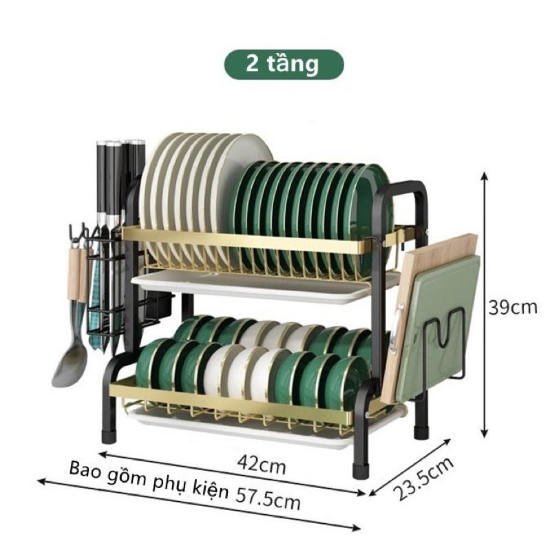 Giá để bát đĩa 2 tầng sinh viên, kệ chạn úp chén, kèm ống đũa đa năng và 2 khay hứng nước