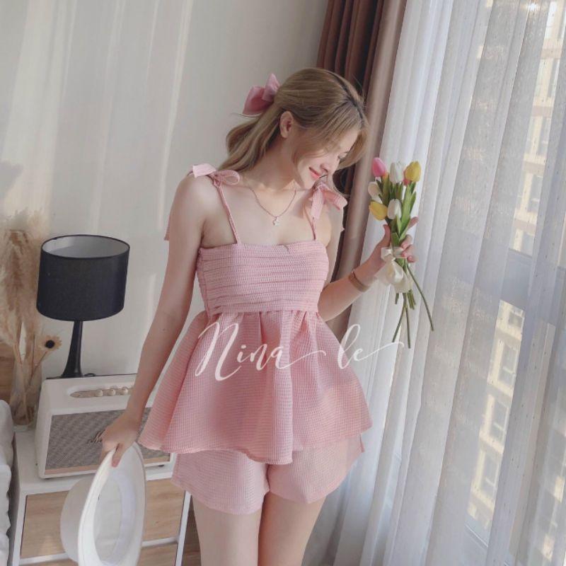 SET ÁO 2 DÂY  THẮT NƠ BABYDOLL PHỐI QUẦN NGẮN MÀU PASTEL