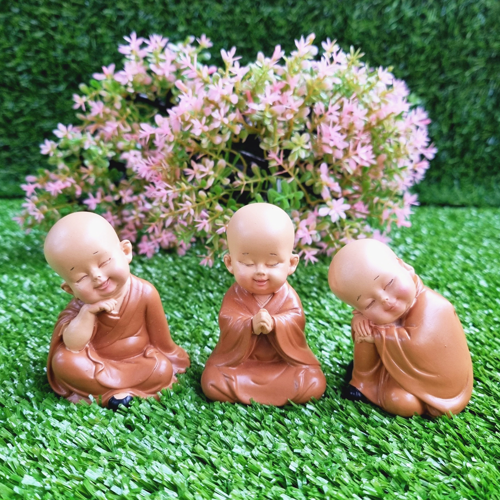 Bộ 03 chú tiểu áo nâu - mẫu ngồi an nhiên size mini 7cm