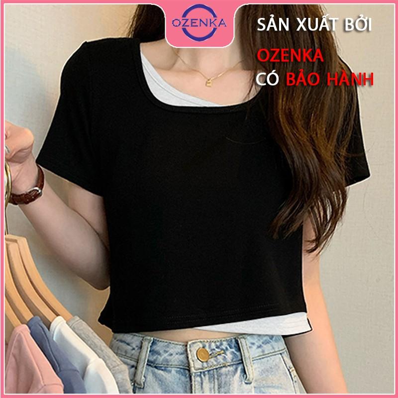 Áo croptop cổ vuông tay ngắn nữ ôm body cải màu xinh xắn chất thun gân cotton 100% nhiều màu một size dưới 50 kg