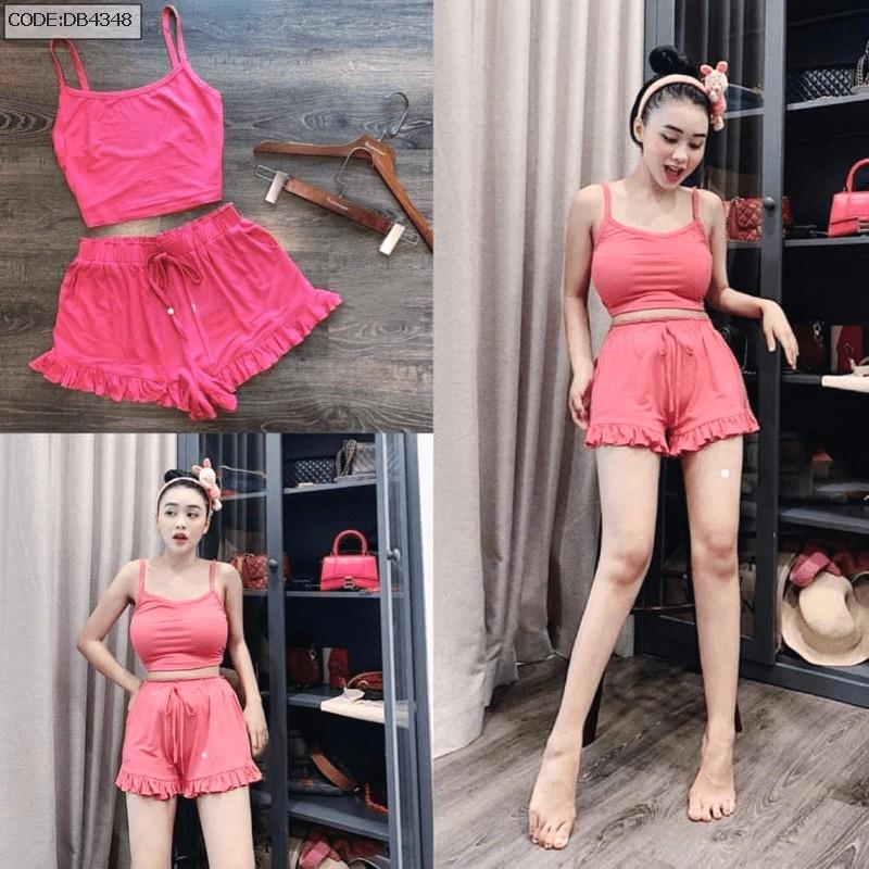 Đồ bộ nữ, đồ ngủ 2 dây sexy đùi thun co giãn quần bèo dễ thương