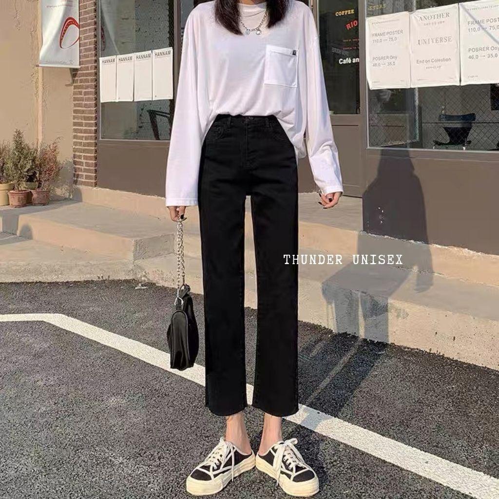 Quần Jean Nữ Ống Đứng Lưng Cao Gấu Rách Quần Bò Suông Co Giãn Màu Đen ThunderUnisex Phong Cách Hàn Quốc Ulzzang