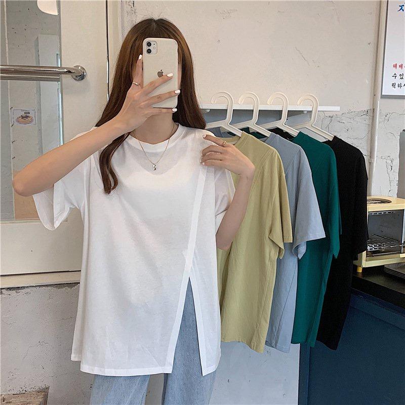 Áo Thun Nữ Cổ Tròn Xẻ Vạt Lệch Dáng Trùm Mông Cá Tính
