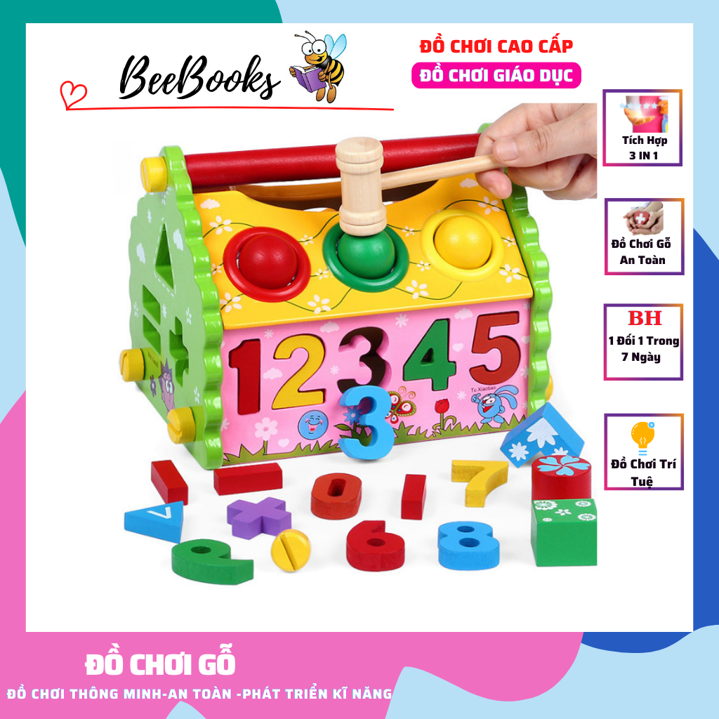 Đồ Chơi Nhà Thả Hình Gỗ 3 In 1- Đập bóng, Thả hình, Xem giờ- Đồ chơi thông minh, an toàn và phát triển kỹ năng