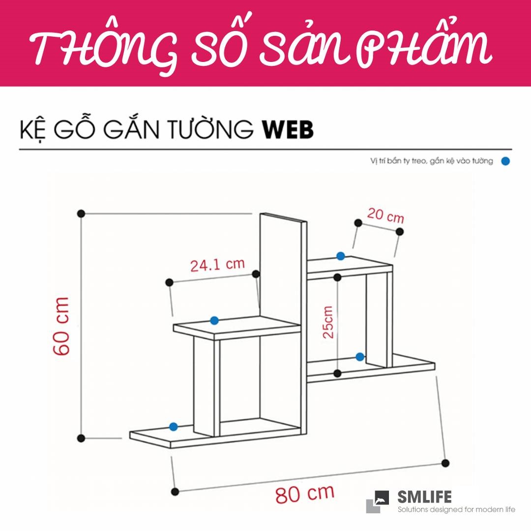 Kệ gỗ treo tường trang trí hiện đại SMLIFE Web  | Gỗ MDF dày 17mm chống ẩm | D80xR20xC60cm