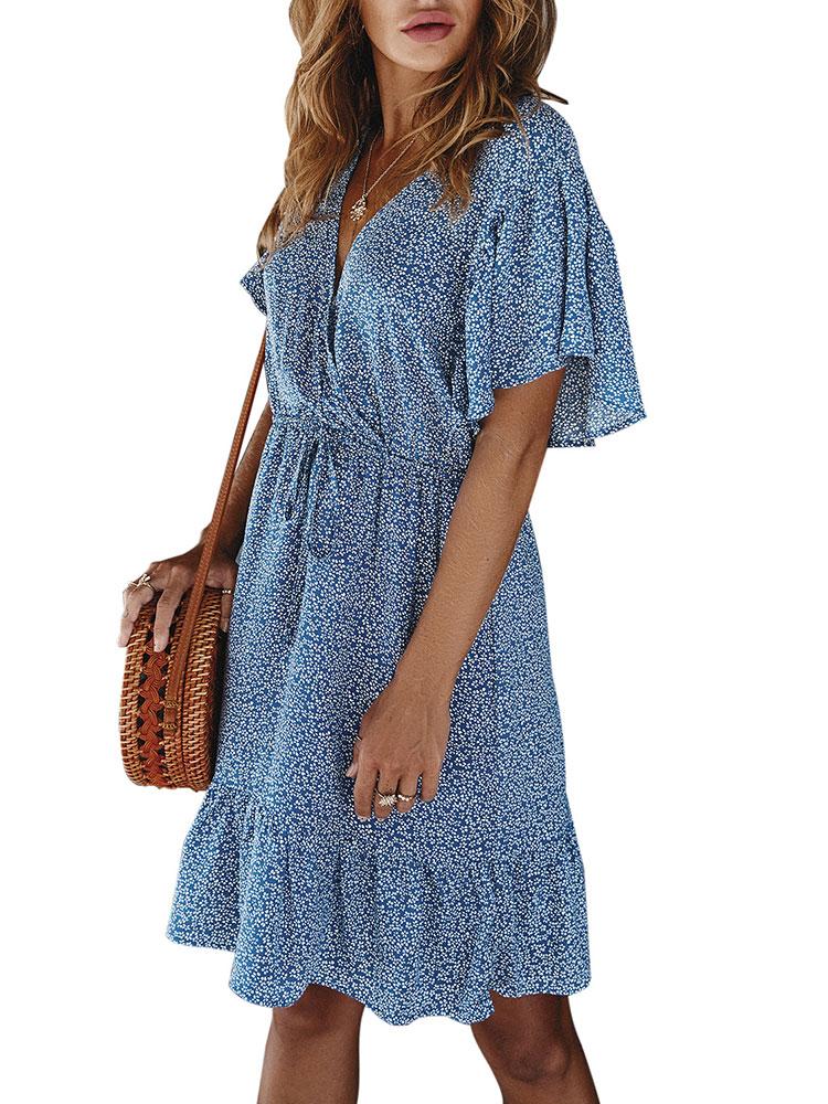 Women Summer Floral Print Dress Ruffles Short Sleeves V Neck Drawstring Tied Waist Boho Holiday Beach Party Casual Mini