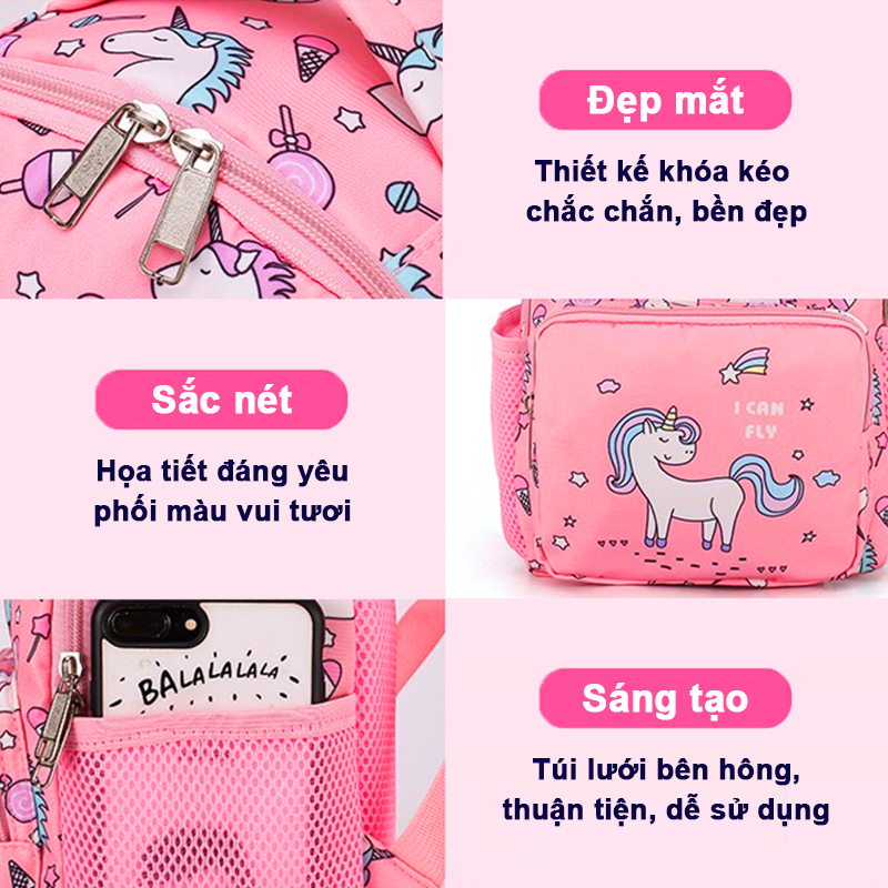 Balo mẫu giáo hình unicorn vải dù không thấm nước cho bé 3-5 tuổi – B017