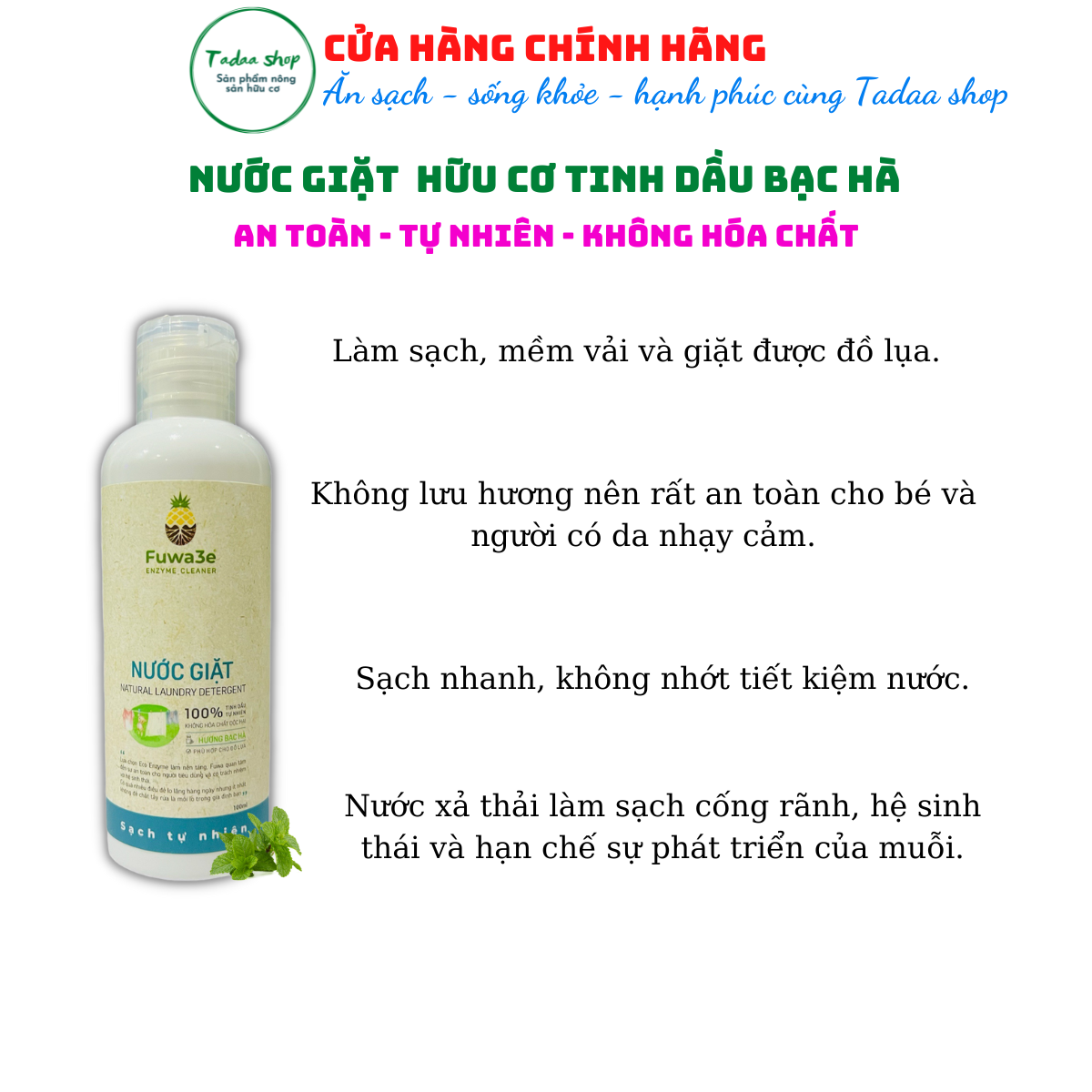 Nước giặt hương bạc hà Organic sinh học Fuwa3e chuyên giặt đồ lụa, bảo vệ da tay chai 100ml