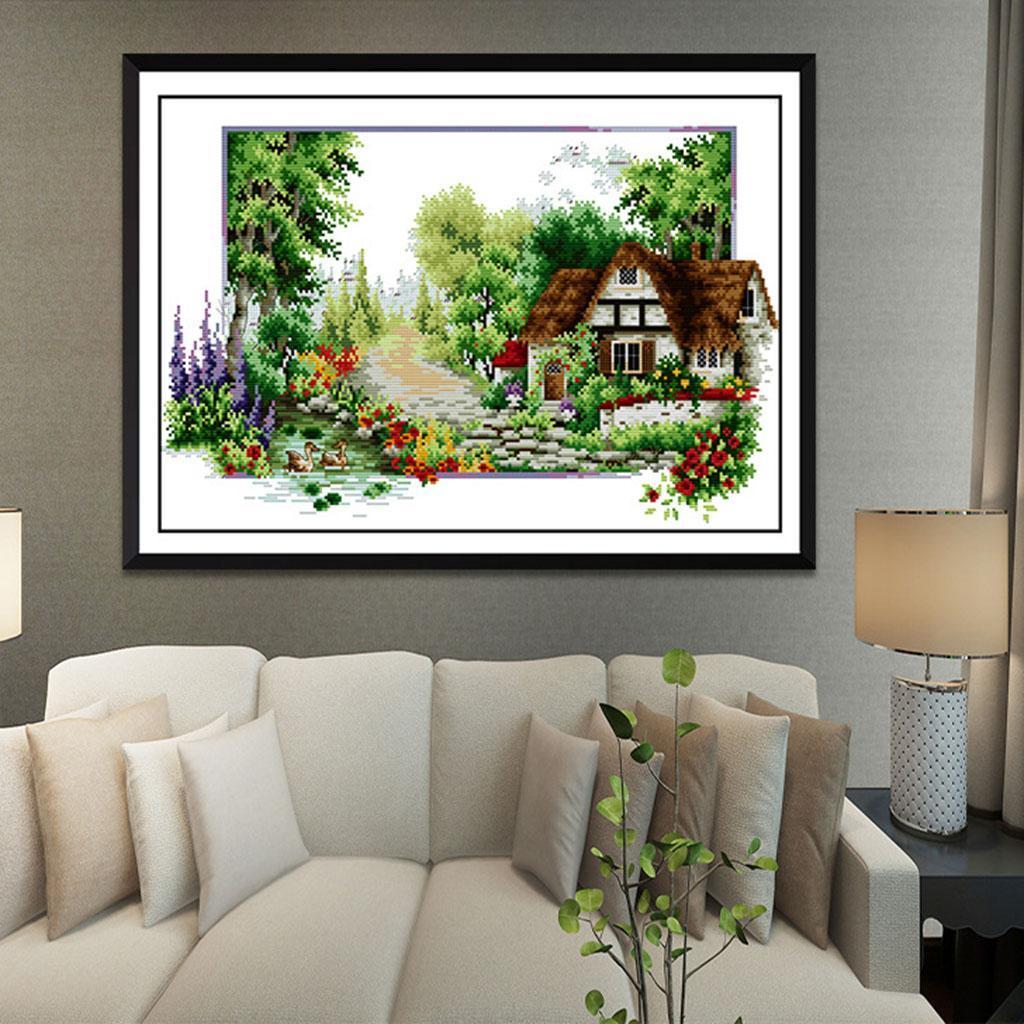 14CT 50x33cm Stamped Cross Stitch Kits Pre-Printed Pattern - Cottage Garden