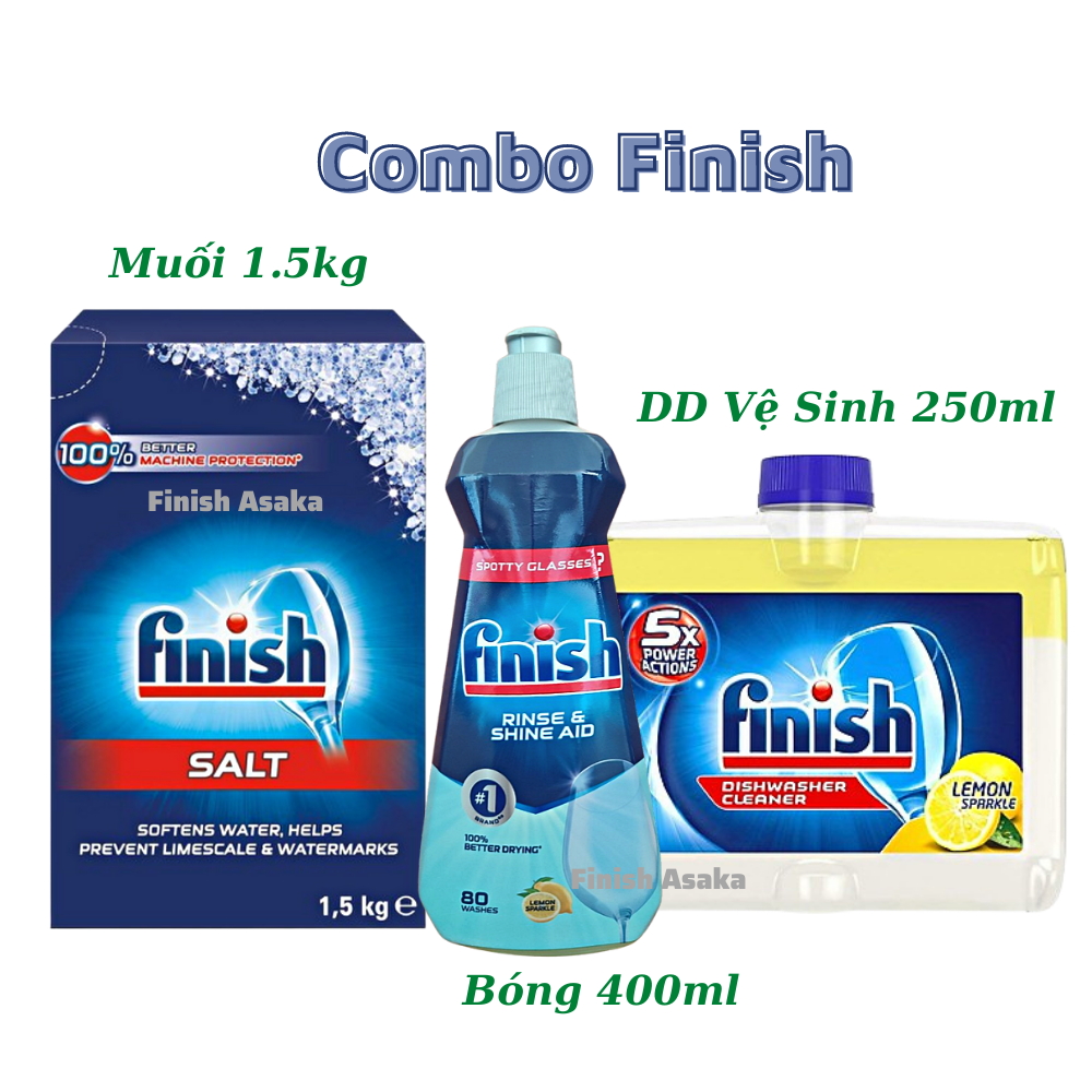 Combo rửa bát Finish: Dung dịch vệ sinh máy rửa bát chai 250ml, Bóng 400ml, Muối hộp 1,5kg - Nhập khẩu Châu Âu.