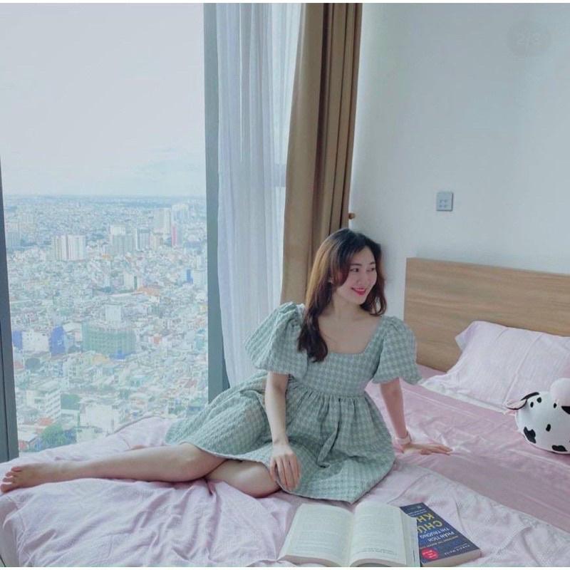Đầm babydoll tay phồng cột nơ lưng chất xốp gân nổi , váy nữ dịu dàng nữ tính Hàn Quốc midushop88