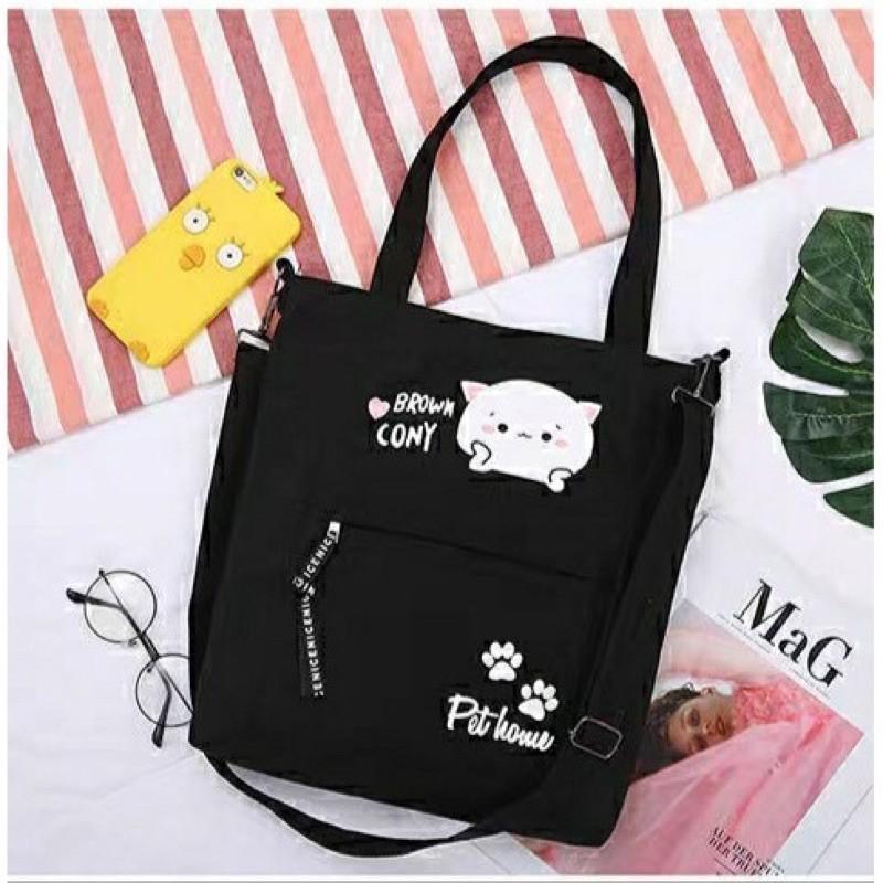 Balo thời trang, balo đi học, đựng laptop Túi Tote Mèo Cony balo nữ vải