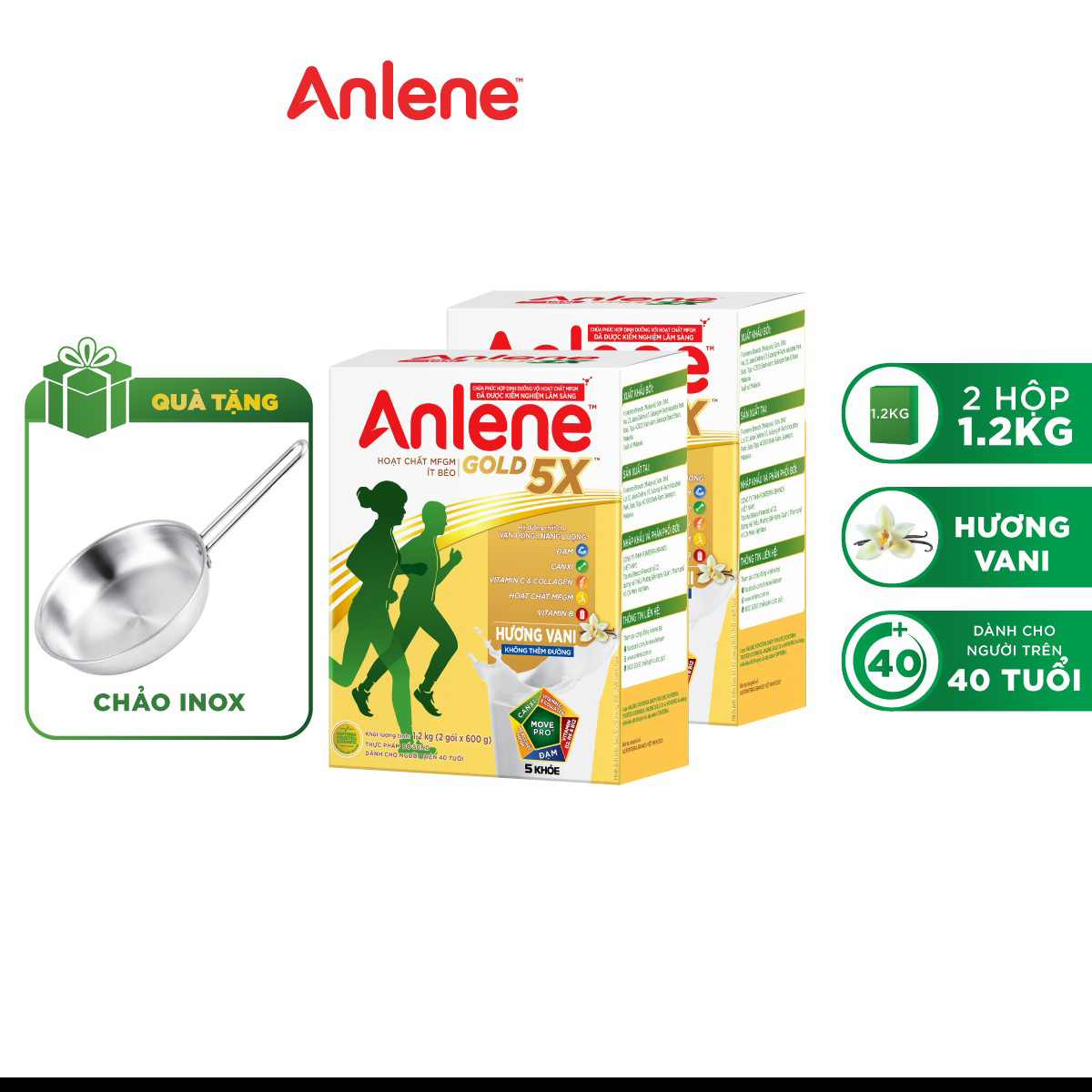Combo 2 Sữa Bột Anlene Gold 5X Hương Vanilla (Hộp giấy 1200g) - Tặng chảo inox