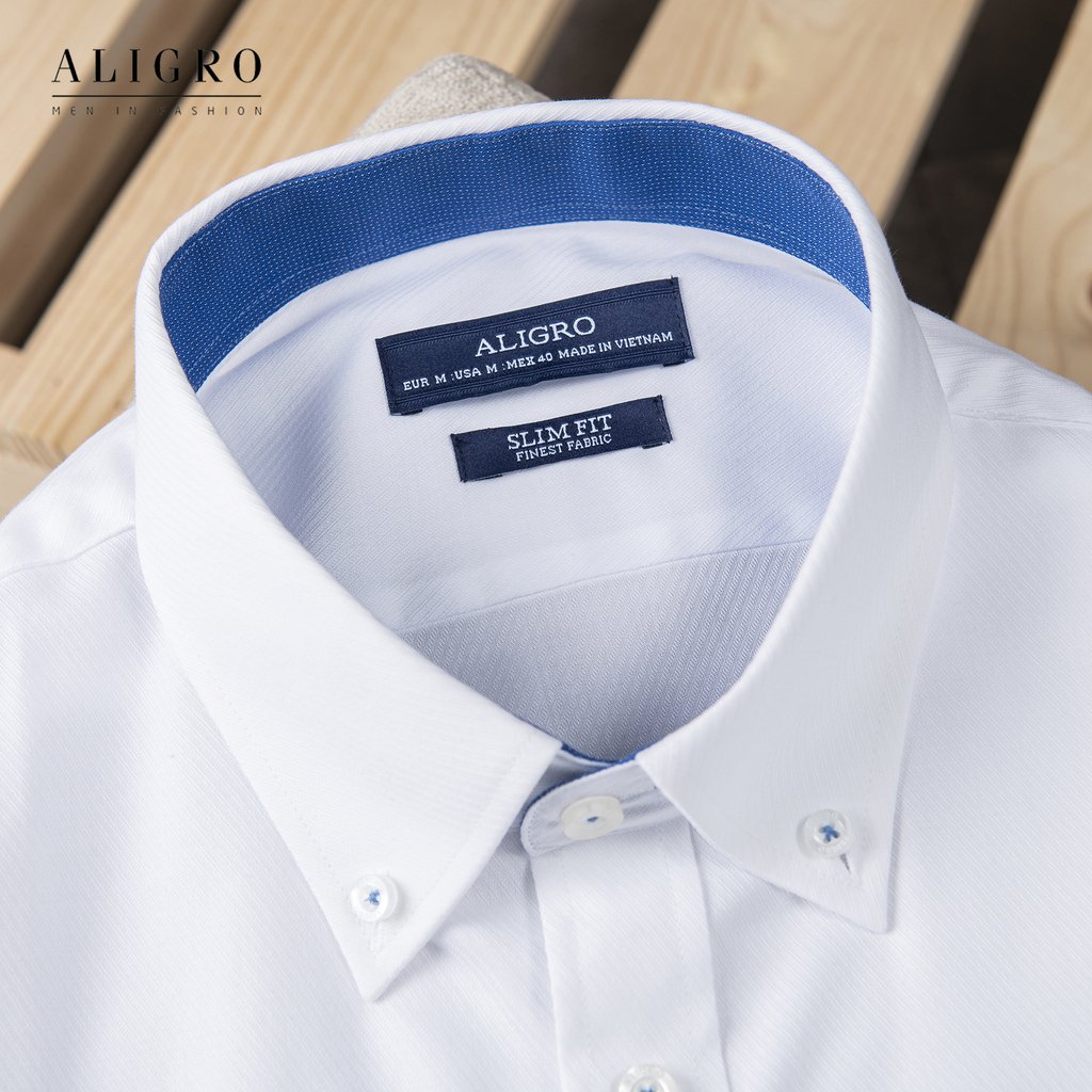 ÁO SƠ MI NAM TRẮNG DÀI TAY PHỐI CỔ XANH ALIGRO DÁNG SLIMFIT MÃ ALGS189