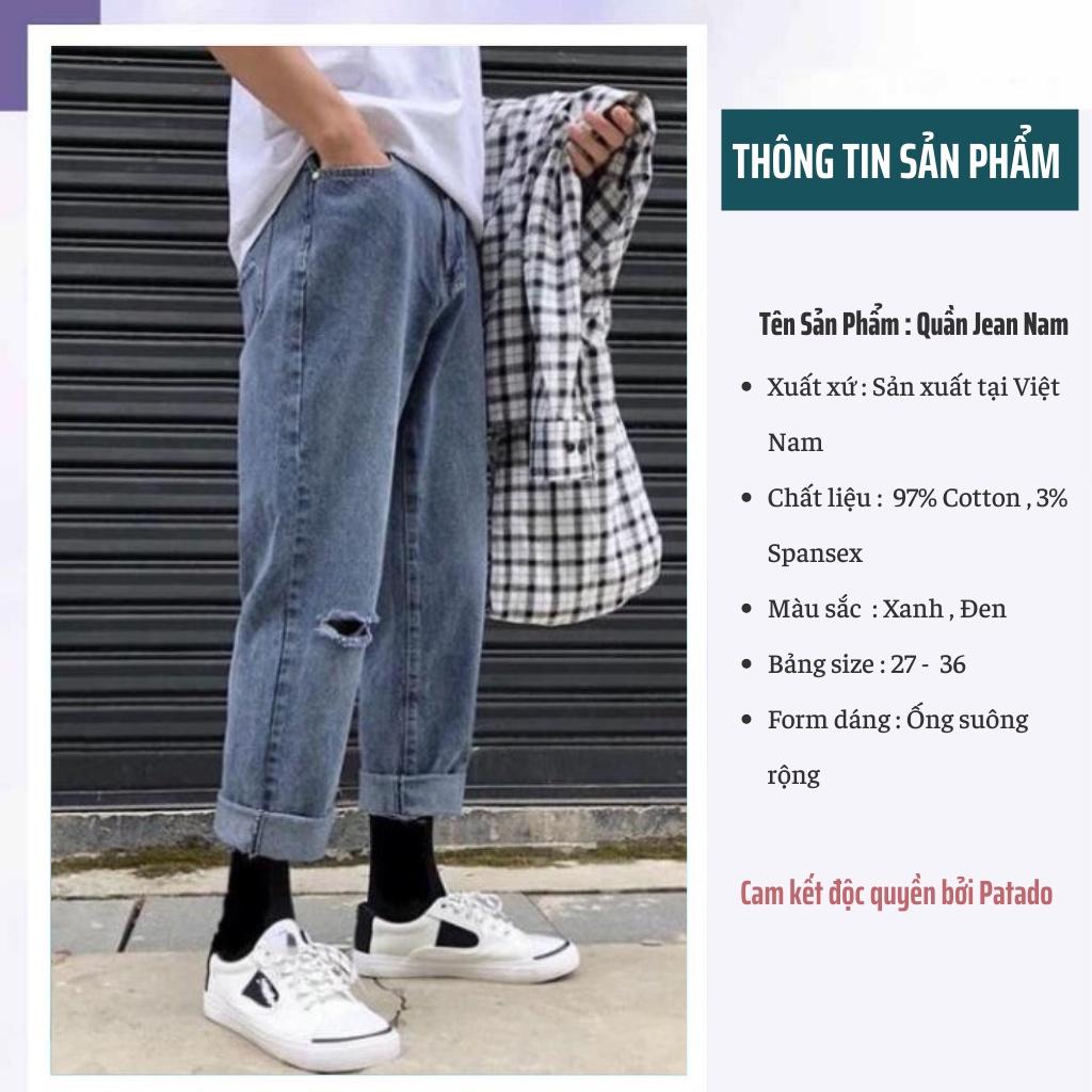 Quần bò jean baggy nam ống suông rộng rách 1 gối hottred hàn quốc 2022