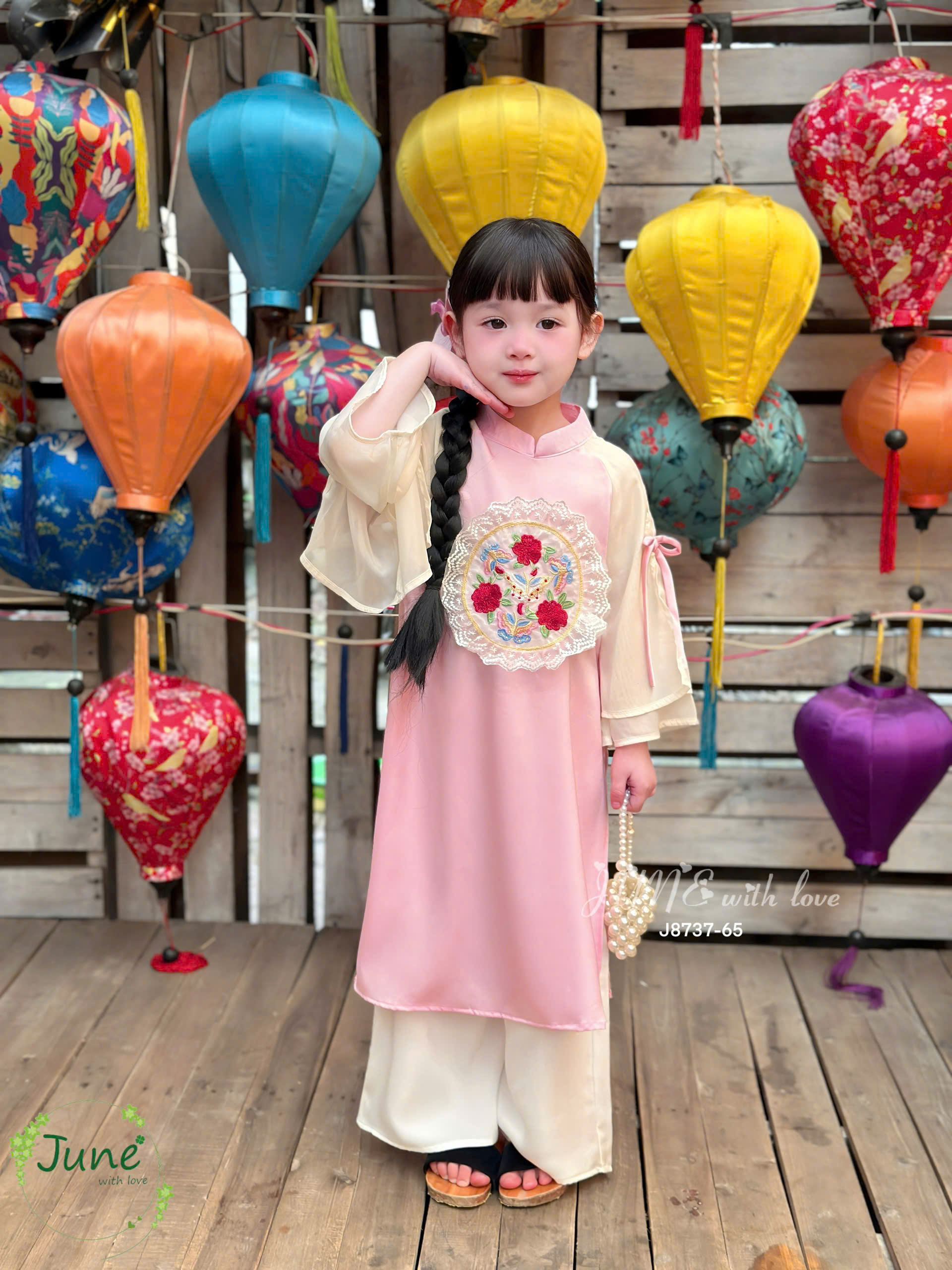 Bộ áo dài cho bé gái mẫu Hoa phú quý diện tết đón xuân năm mới 10-40kg mềm mát