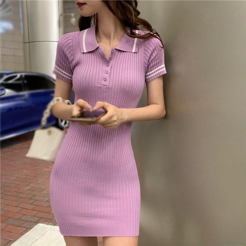 Váy Body Len Gân Cổ Bẻ Pha Viền Hàng QC