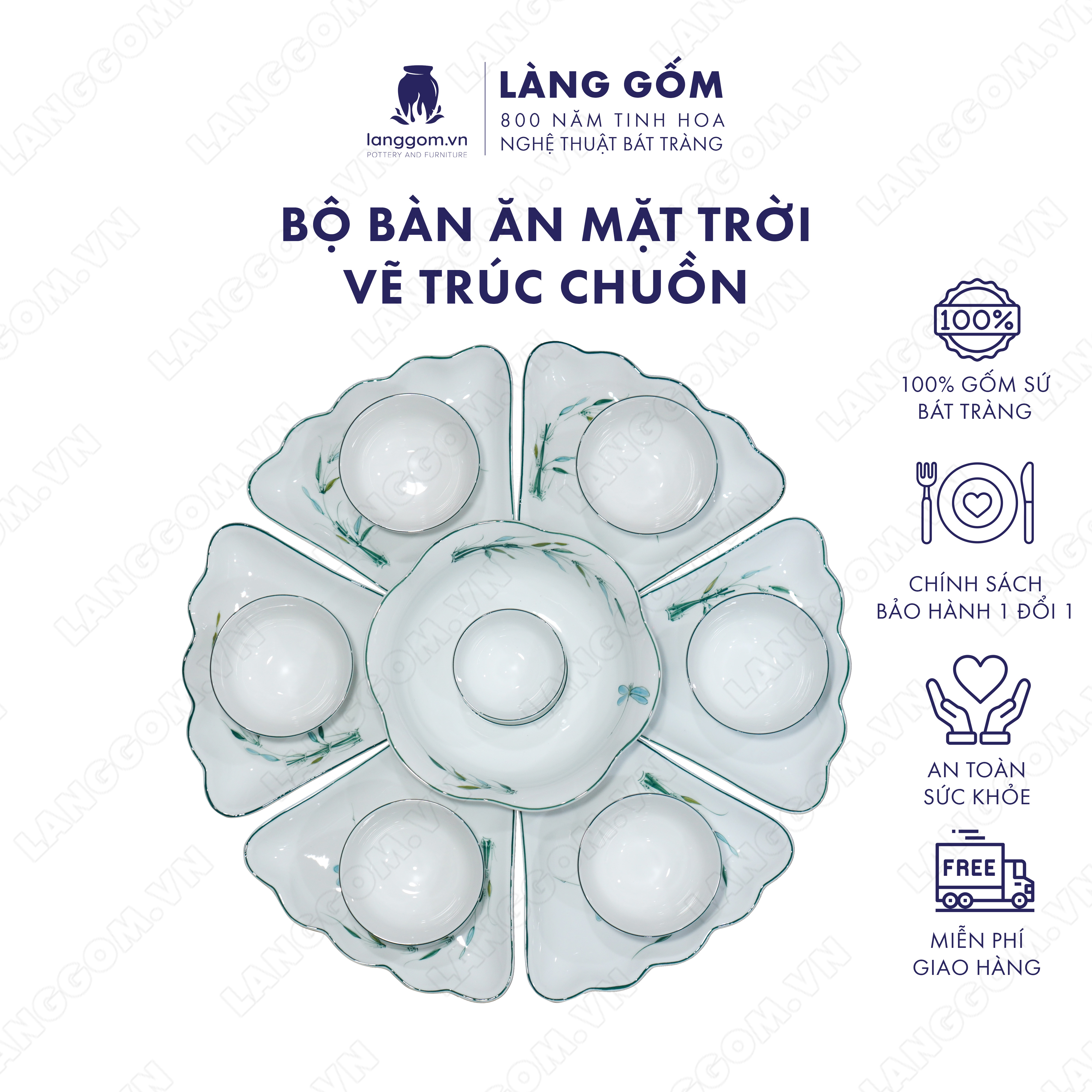 Bộ bàn ăn mặt trời vẽ trúc chuồn - Size: 55cm - Gốm sứ Bát Tràng - langgom.vn