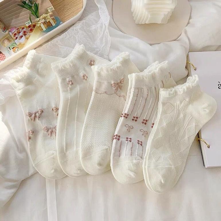 Set 10 Đôi Tất Vớ Nữ Cổ Ngắn Họa Tiết Nơ Nhún Bèo Cotton Kèm Túi.T37